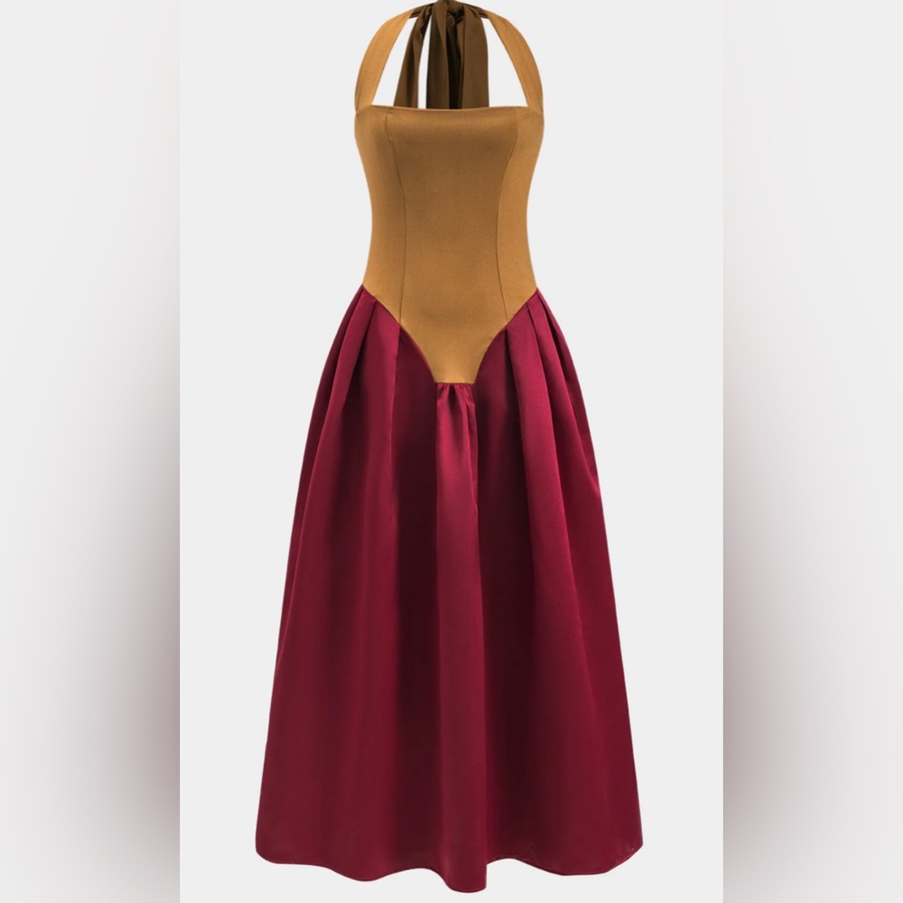 Gold and Red Sleeveless Halter Cocktail Dress